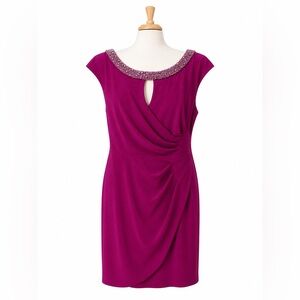 Alex Evenings Petite Fuchsia Beaded Neck Dress 10P Ruched Cocktail Wedding Guest